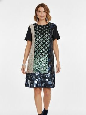 Tory Burch Sequin Color-block T-shirt Dress Short Sleeves Black Cream Blue -sz 2